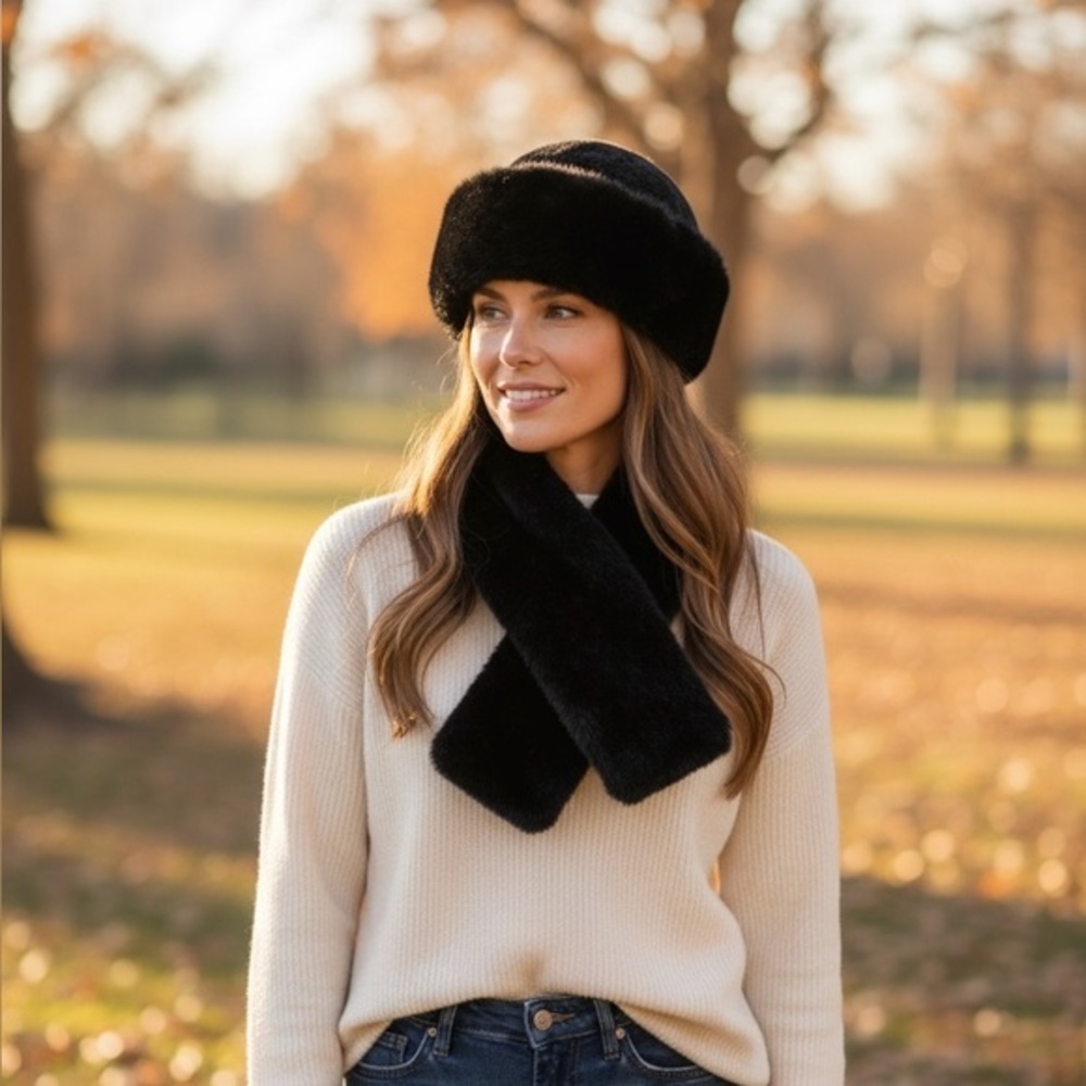 Faux Fur Black Hat and Scarf Set